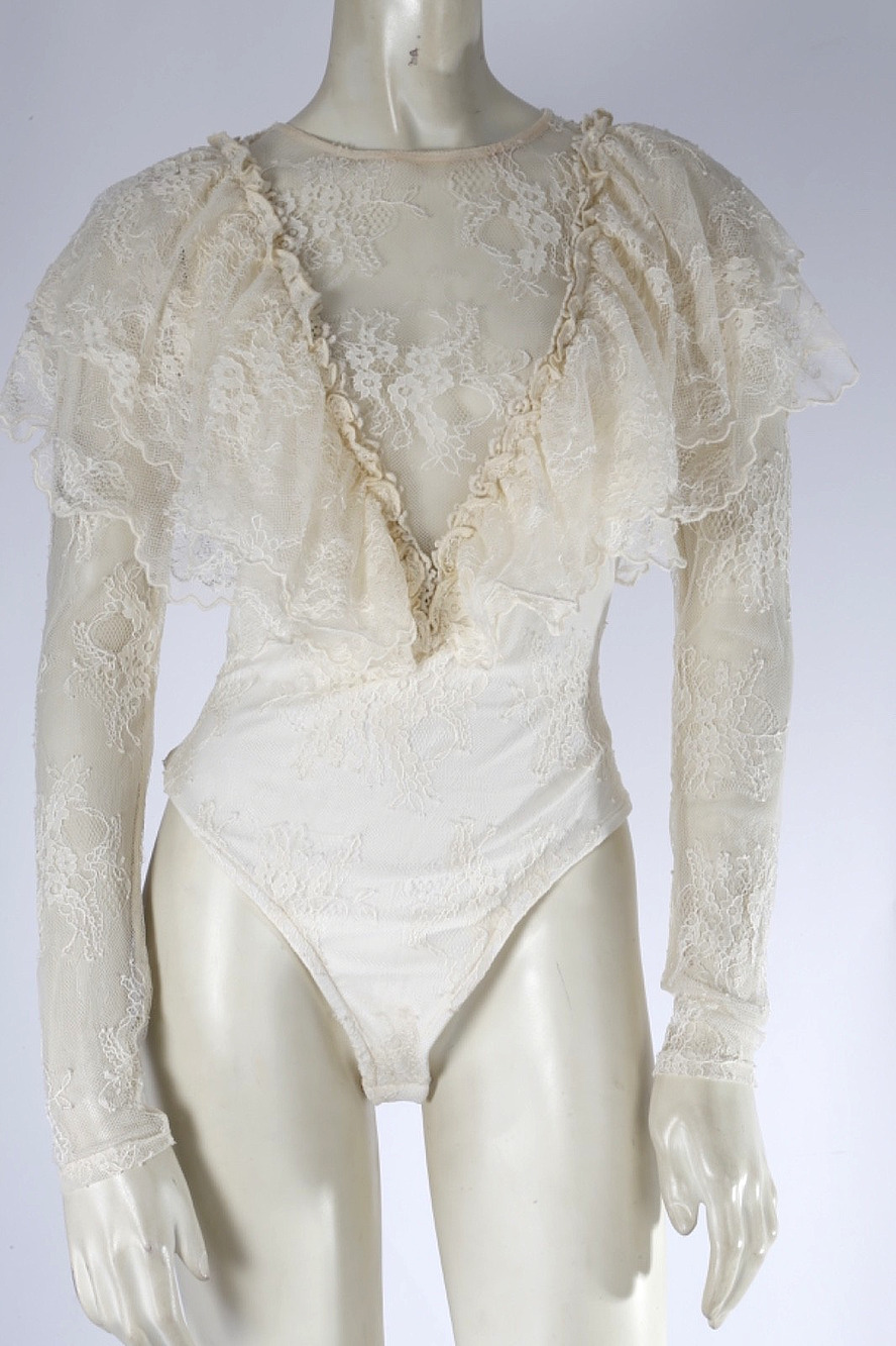 Free People Cream Sheer Floral Lace Deep V Ruffle Bodysuit Long Sleeve Thong S